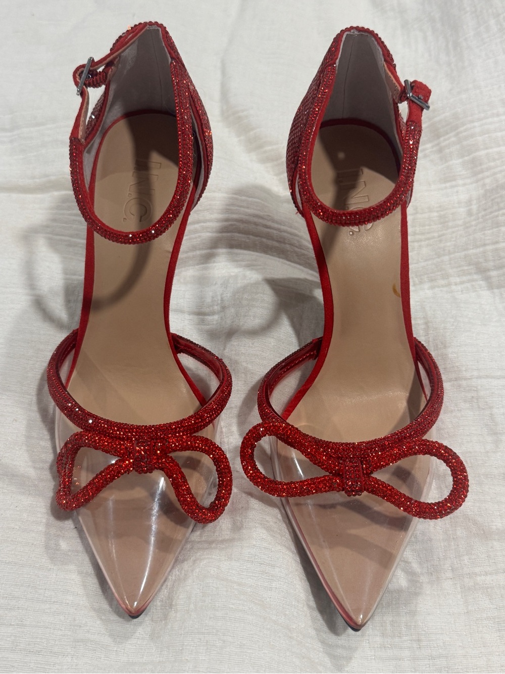 Red Glitter Bow Pointed-Toe Ankle Strap Women's Heels
